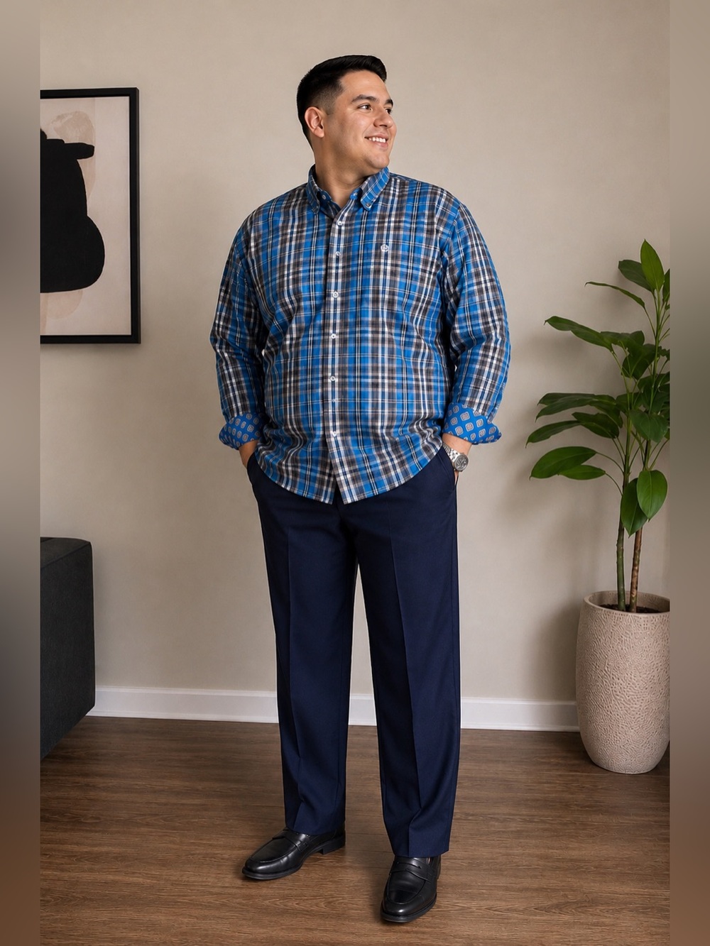 Cinch Men's Blue and White Plaid Long-Sleeve Shirt